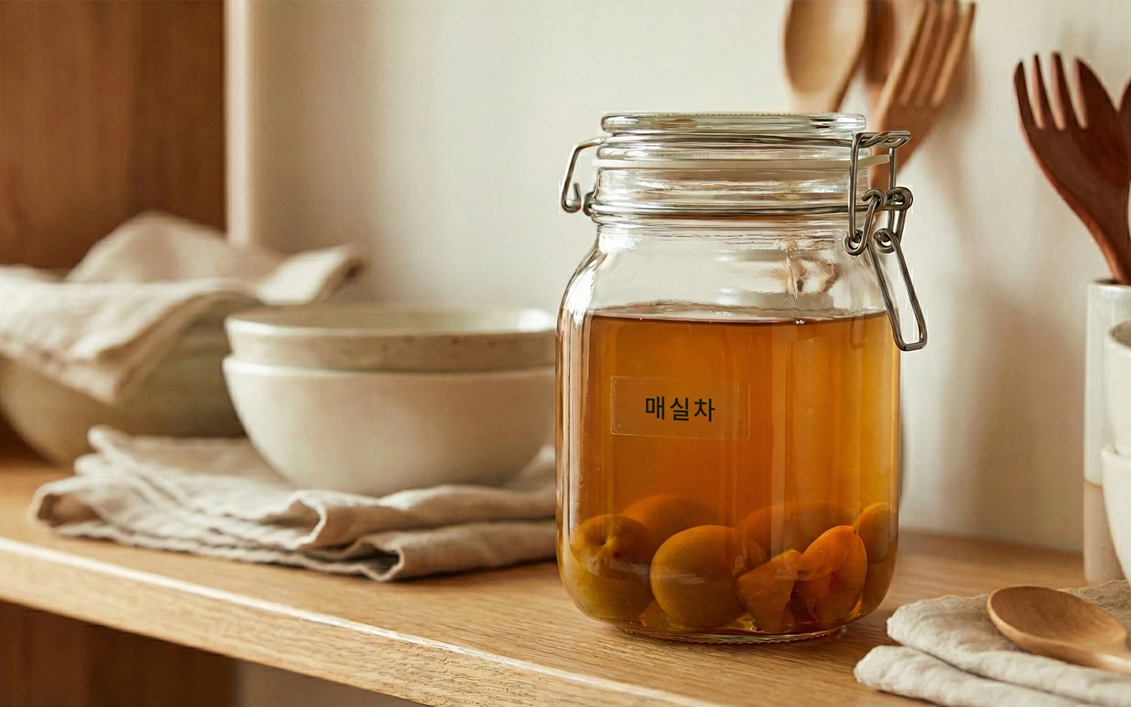 매실차가 담긴 유리병에 내용물이 비쳐 보이는 투명라벨을 붙인 모습