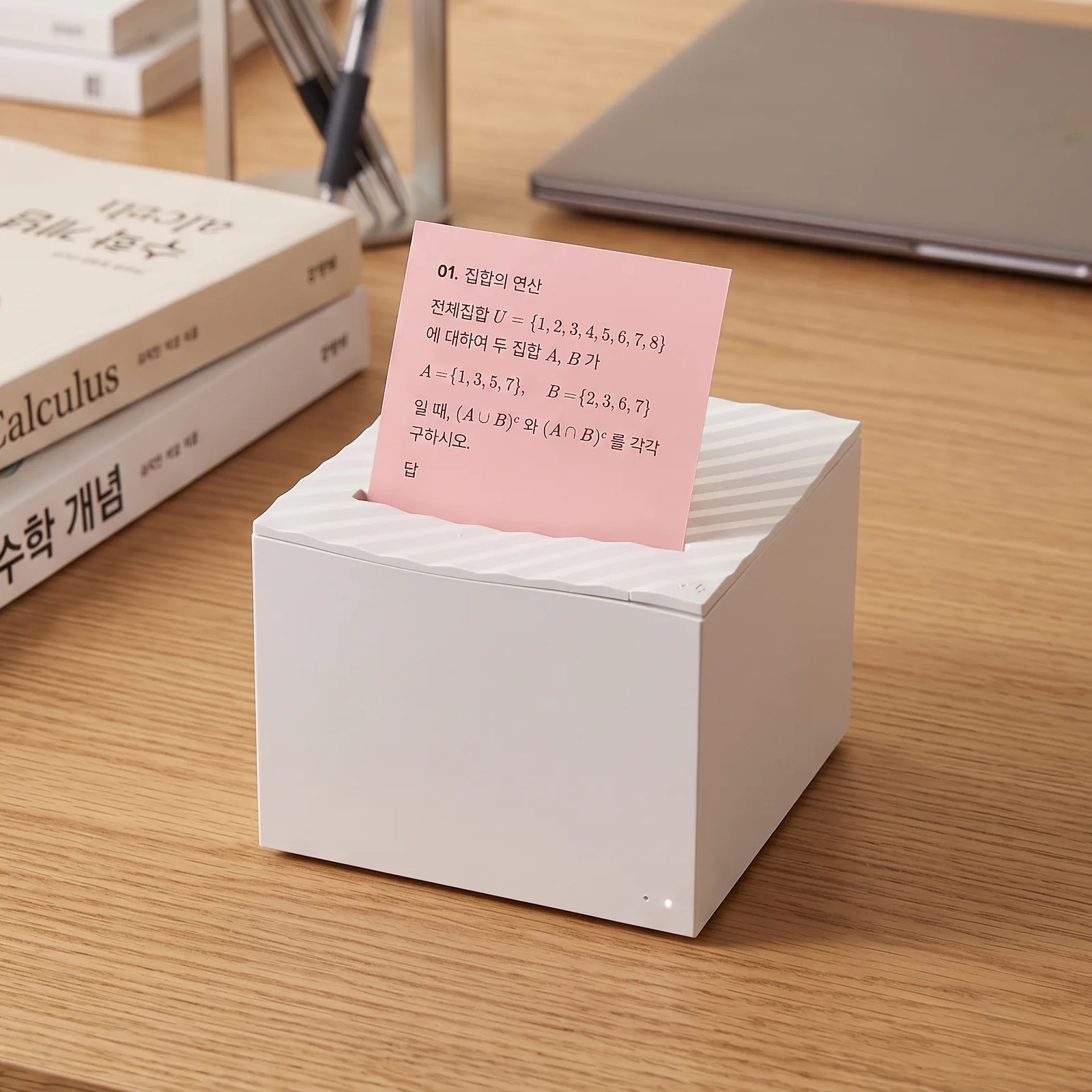 네모닉 프린터에서 집합의 연산 문제가 인쇄된 분홍색 점착메모가 나오는 모습